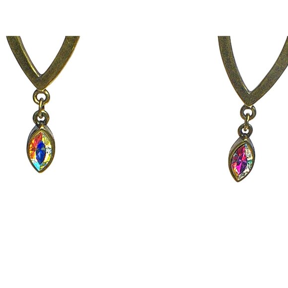 Avant Garde Paris Brass Leaf Dangle Earrings Aurora Borealis & Clear Crystals - Picture 2 of 7